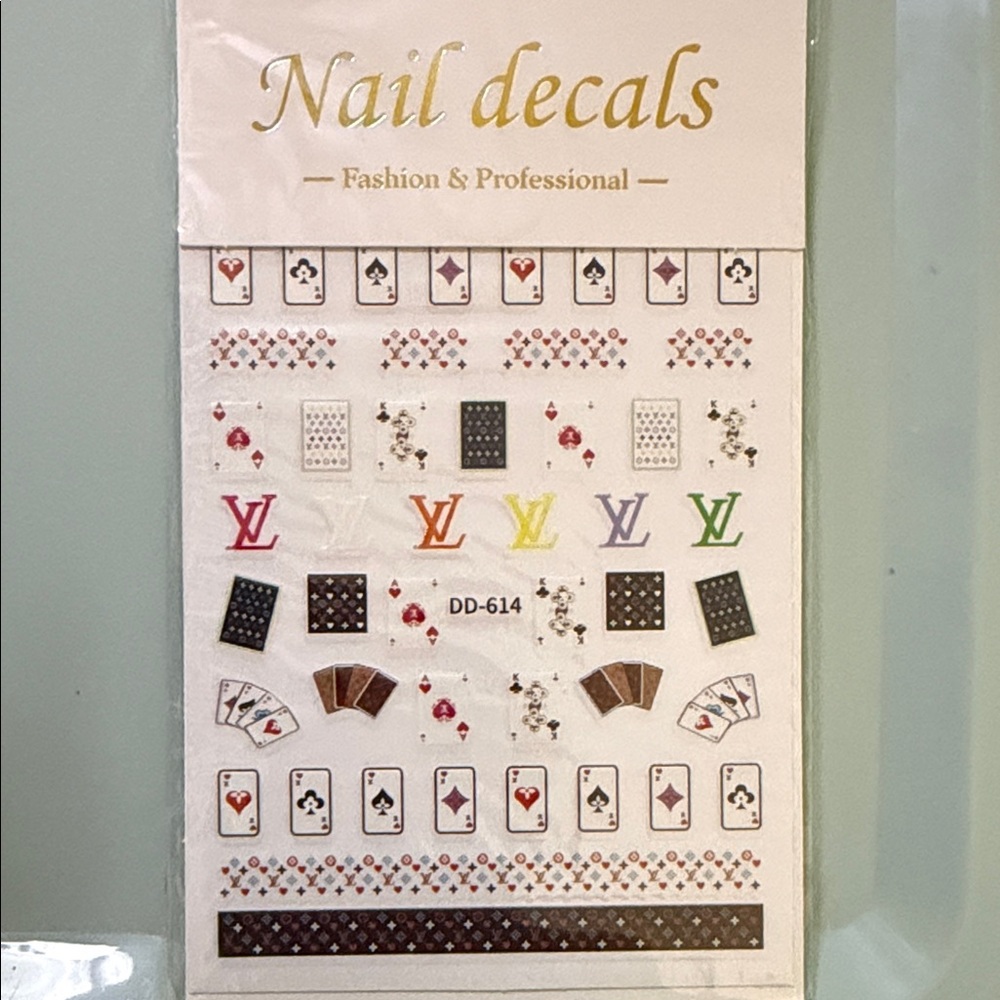 Designer Inspired Nail Decals Sheet with Multicolor Logos and Card Designs